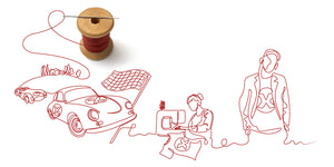 This is an illustration of a flowing red thread, single line drawing, that makes a picture showing cars racing, sewing of clothes that represents the cars and a person wearing the clothes. 