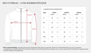 Measurement chart for Red X Thread Luxe Bomber Sweater with jacket illustration
