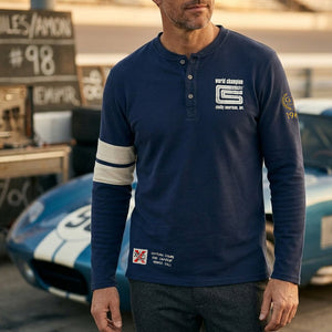 Model wearing Red X Thread officially licensed Shelby American apparel — heritage motorsport fashion built to Carroll Shelby's uncompromising standard.
