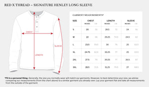 White henley shirt with measurement chart for Red X Thread brand